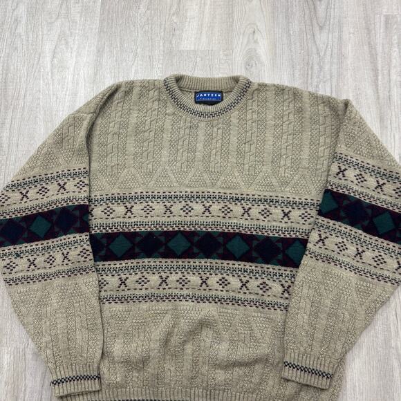 Vintage Jantzen Sweater Men's Large Tan Crewneck Geometric Fair Isle 90s Cabin - Picture 2 of 6